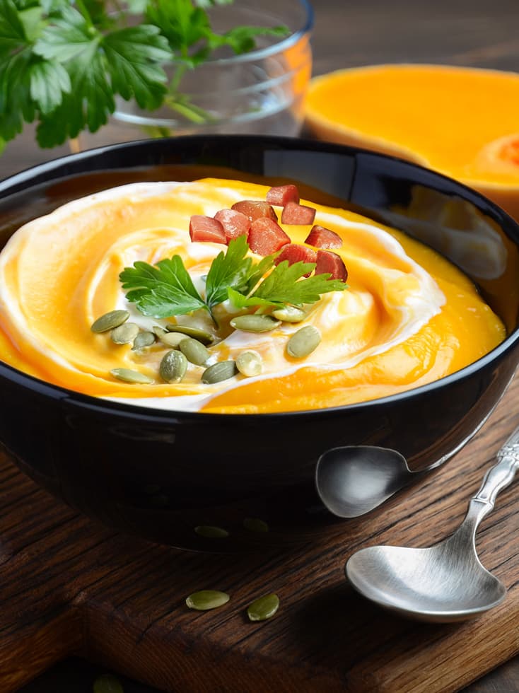 CRÈME DE CITROUILLE AVEC MINIS-DÈS DE JAMBON